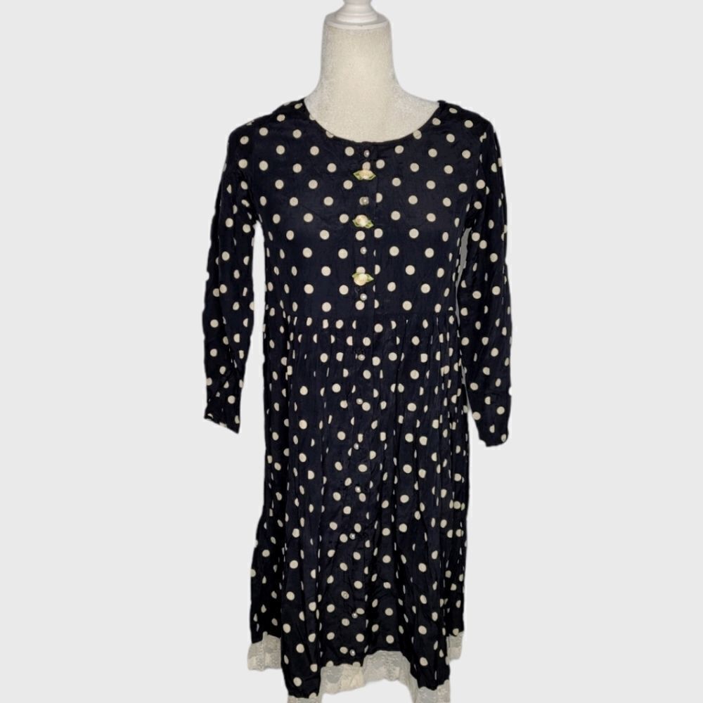 VINTAGE 70s dress black‎ polka dot lace babydoll midi 10